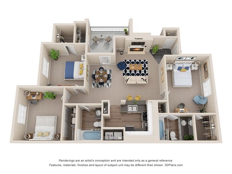 Floor plan for 3 beds, 2 baths, 1314 sqft